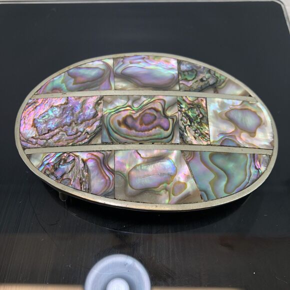 Vintage Silver Oval Belt Buckle with Mother of Pearl Made in Mexico - Picture 1 of 4